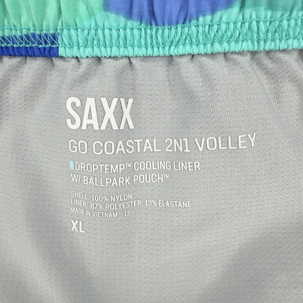 SAXX Go Coastal 2N1 Volley Swim Trunks XL Blue Tropical Palm BallPark Pouch